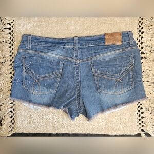 Vtg Y2K 90s Mini Low Rise Jean Shorts No Boundaries 13 Stretch Raw Hems Fade